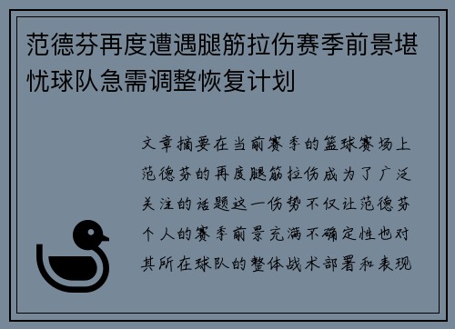 范德芬再度遭遇腿筋拉伤赛季前景堪忧球队急需调整恢复计划 范德芬再度遭遇腿筋拉伤赛季前景堪忧球队急需调整恢复计划